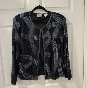 Stenay Beaded Sequin Silk Top Cardigan Sz L VTG 80s 90s Cocktail Jacket Formal